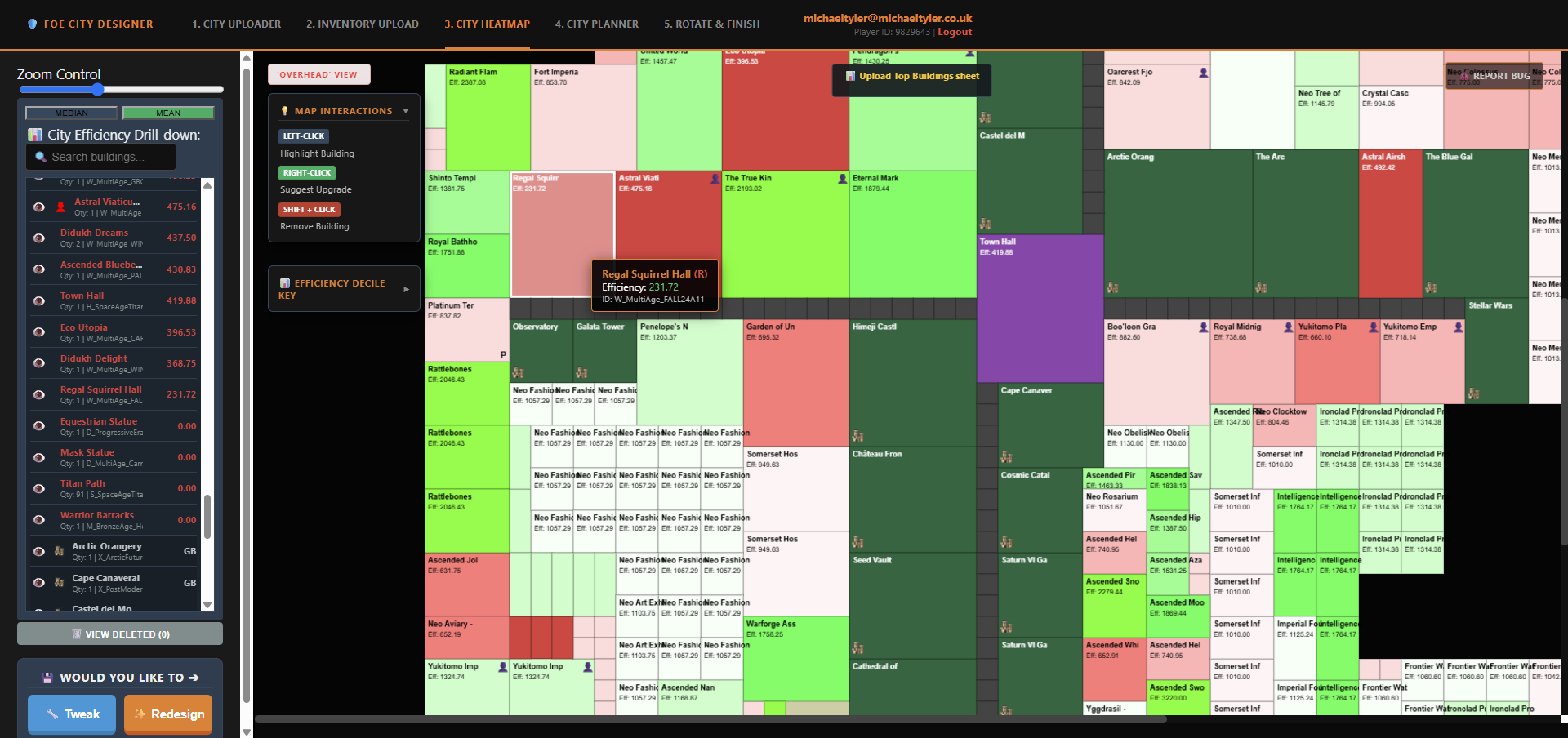City heatmap overlay showing efficiency colour-coding with Regal Squirrel Hall flagged red at 231.72 efficiency